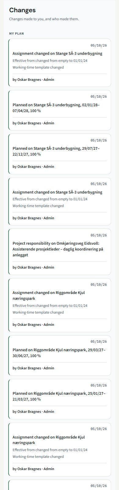 My changes. Screenshots from the app in English, with fictional example data.