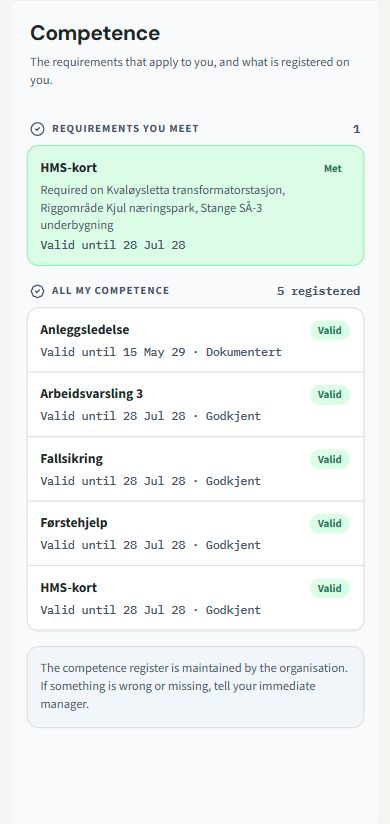 Competence. Screenshots from the app in English, with fictional example data.