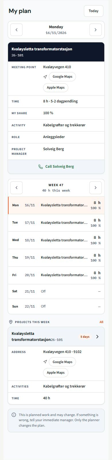 My plan. Screenshots from the app in English, with fictional example data.