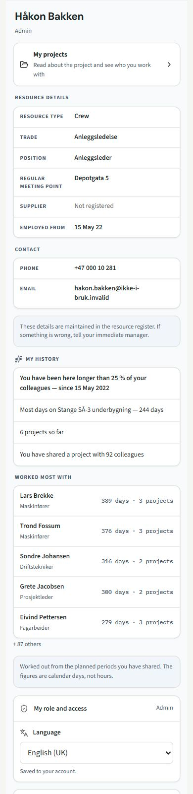 Profile. Screenshots from the app in English, with fictional example data.